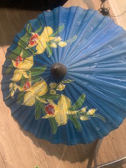 Blue Floral Hand-Painted Parasol Umbrella