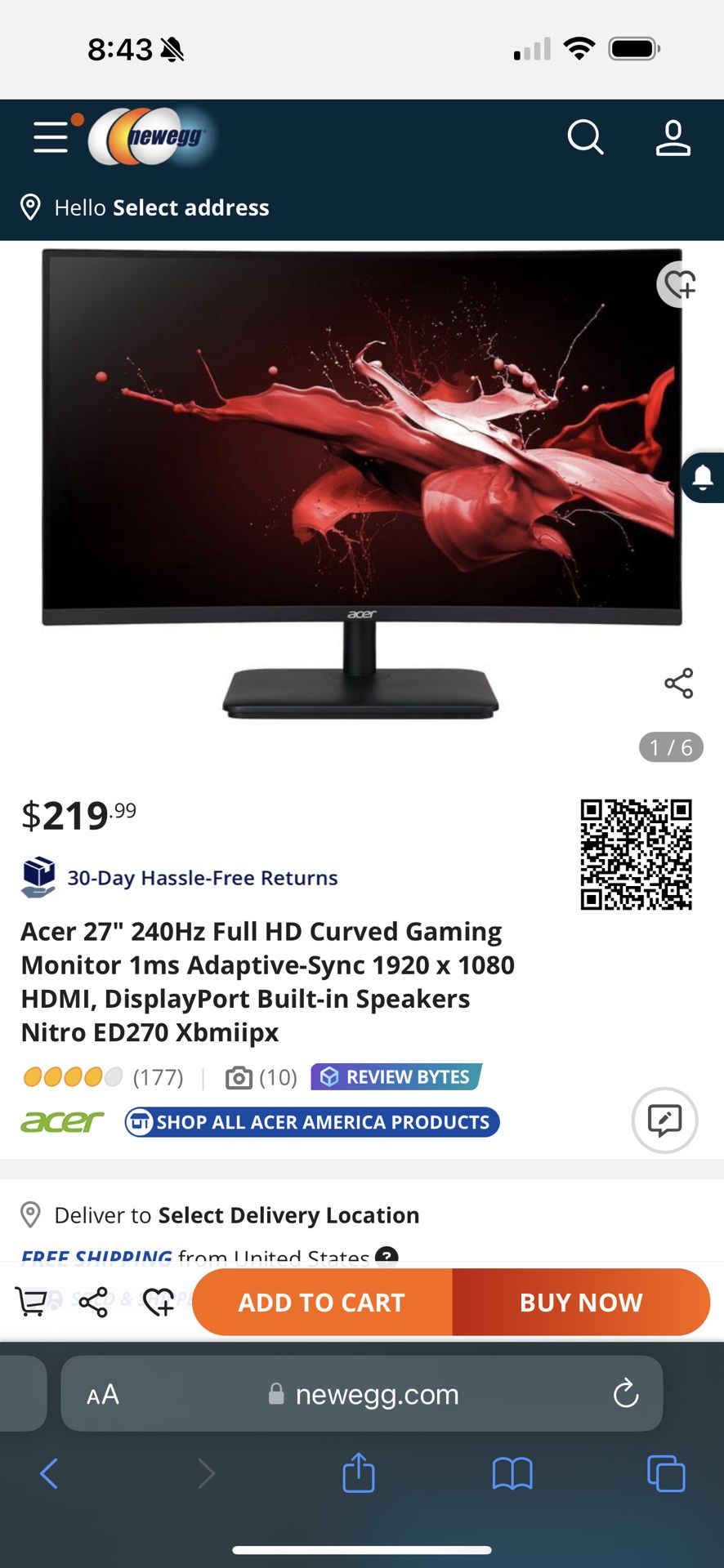 Acer 27 240Hz Full HD Curved Gaming Monitor 1ms Adaptive-Sync 1920 x 1080  HDMI, DisplayPort Built-in Speakers Nitro ED270 Xbmiipx