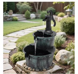 2-Tier Barrel Outdoor Water Fountain with Pump