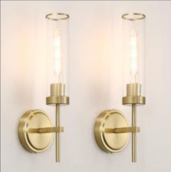 (Brand New in Box) 
Gold Bathroom Wall Sconces Set of 2, Modern Wall Sconces Set of Two Hardwired, Bathroom Vanity Light Fixtures with Clear Glass, Go