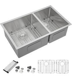 New 33x19x9 Undermount Double Bowl Kitchen Sink 60/40 Split 16 Gauge Stainless Steel Double Sink