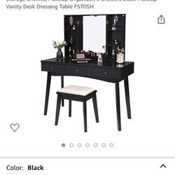 (NEW) BEWISHOME Vanity Makeup Set with Mirror, Cushioned Stool, Storage Shelves, Makeup Organizer, 3 Drawers Black Makeup Vanity Desk Dressing Table F