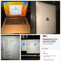 M2 13 Inch MacBook Pro AppleCare+ Included 1 Tb Flash 16 Gb Ram
