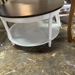 VINGLI 25.6" Dark Walnut White Round Farmhouse Coffee Table, 2-Tier Storage Wood Center Circle Accent Table for Living Room, Bedroom, Apartment, Studi