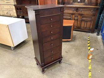 Dark Wood Finish 7 Drawer Jewelry Cabinet with Side Swing Conpartments