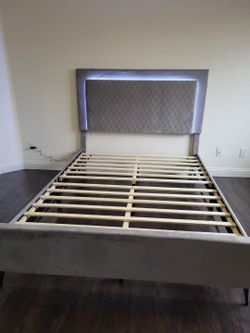 New Gray Velvet  Platform Bed Frame Only With LED Light
