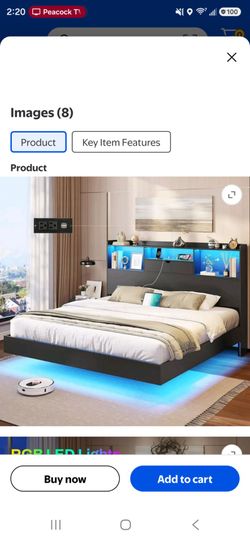 Full Size Floating Bed Frame with Charging Station&LED Lights, LED Full Metal Platform Bed with Storage Headboard, No Box Spring Need