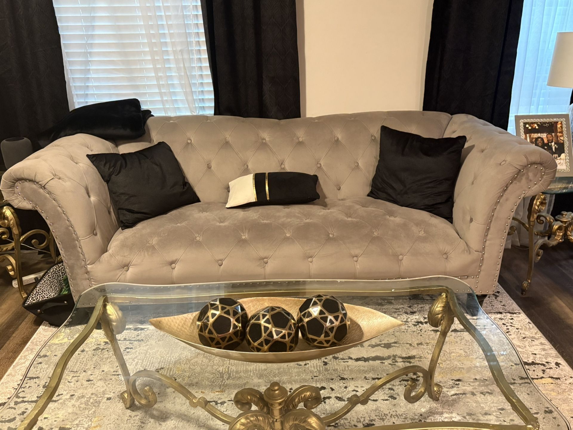 Velvet Silver/Grey Couch With Matching Chair