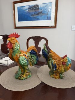 Large Vintage Rooster & Hen Crackle Glaze Set – 14.5” & 11” Farmhouse Decor