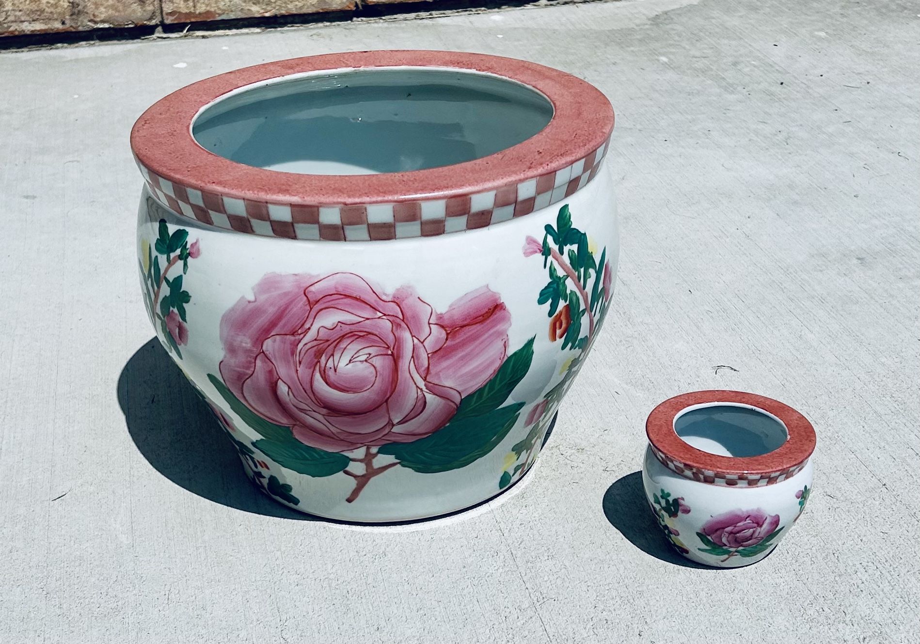 Vtg Pair Hand-Painted Floral Ceramic Planters, Never Used