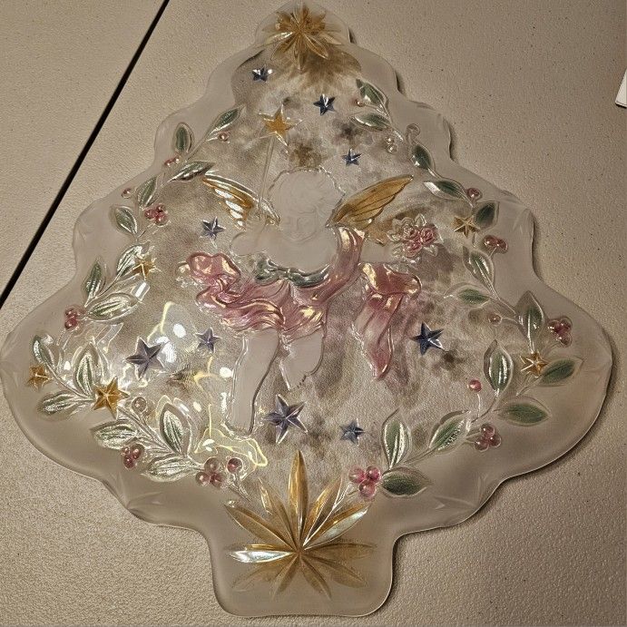 Vntg - Studio Nova Clear Glass Angel's Greeting Tree Platter. 16" L. # WY454
