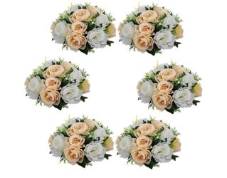 Artificial Flower for Centerpieces - 6Pcs Champagne & White Fake Flowers Roses Balls, 9.5in Diameter