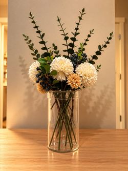 Faux Floral Arrangement with Glass Vase