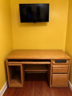Executive Oak Computer Desk with Built-in power/surge protector