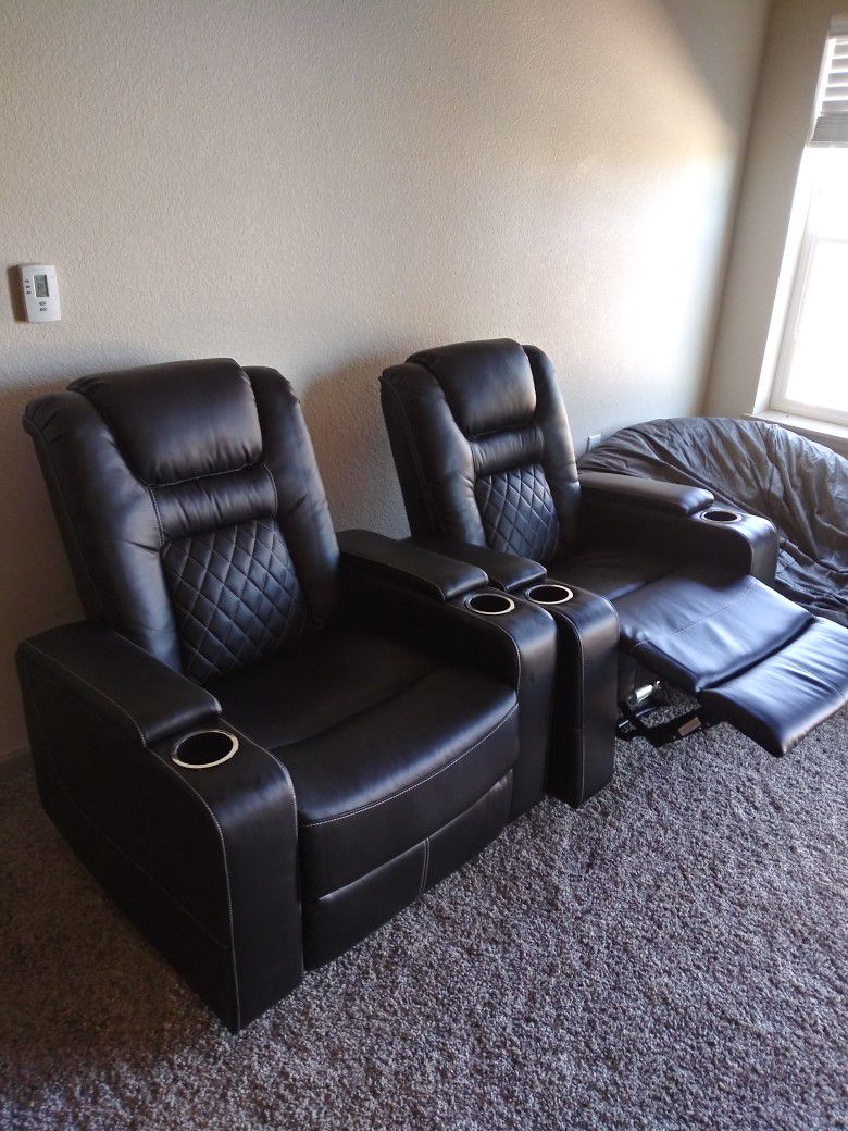 BRAND NEW 2 Black Leather Home Theater Seating Power Recliners USB Ports Cup Holders Arm Storage