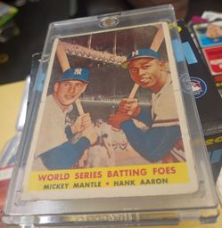 "World Series Batting Foes" 1958 Topps baseball card Hank Aaron and Mickey Mantle