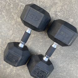 Pair Of 45 Pounds Hexagon Rubber Coated Dumbbells 