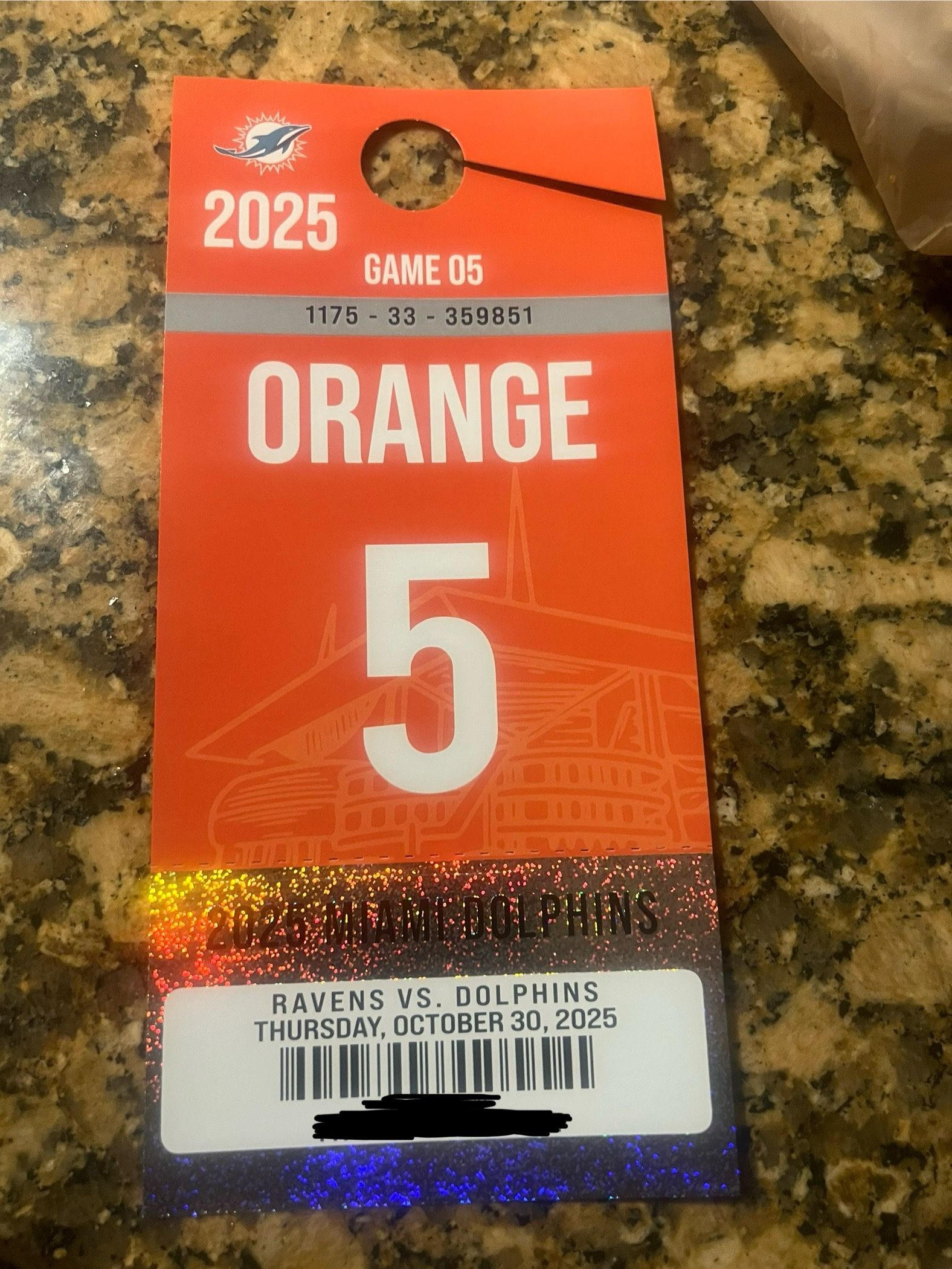 Miami Dolphins Vs Baltimore Ravens Orange Parking pass 
