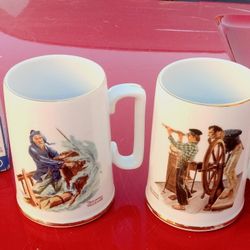 two vintage Norman Rockwell Seafarers Collection porcelain tankard mugs, created exclusively for Long John Silver's Seafood Shoppes in 1985. 