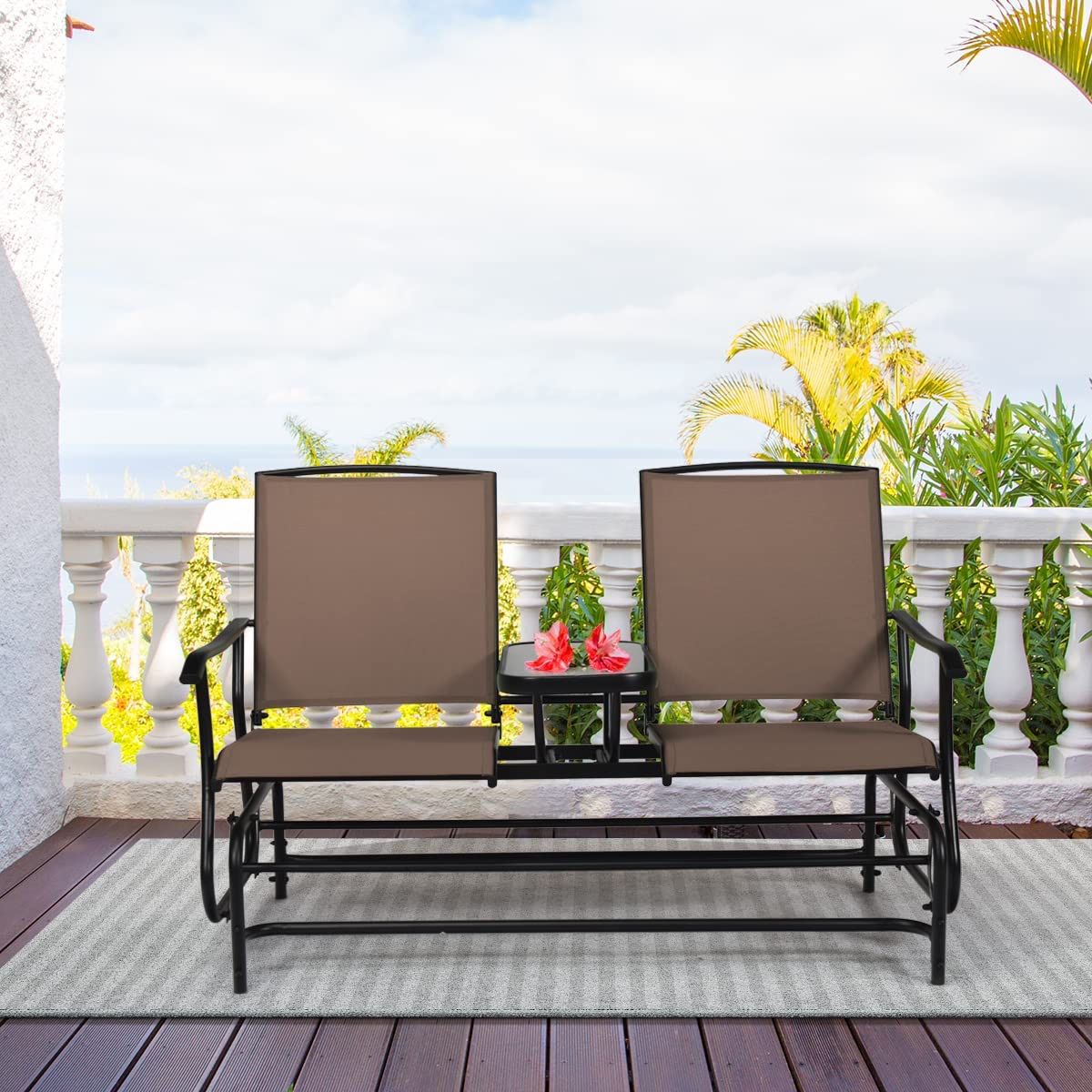 New Heavy Duty 2 Person Swing Glider Chair, Patio Rocking Loveseat w/Center Tempered Glass Table, Outdoor Swing Bench w/Steel Frame & Breathable Mesh
