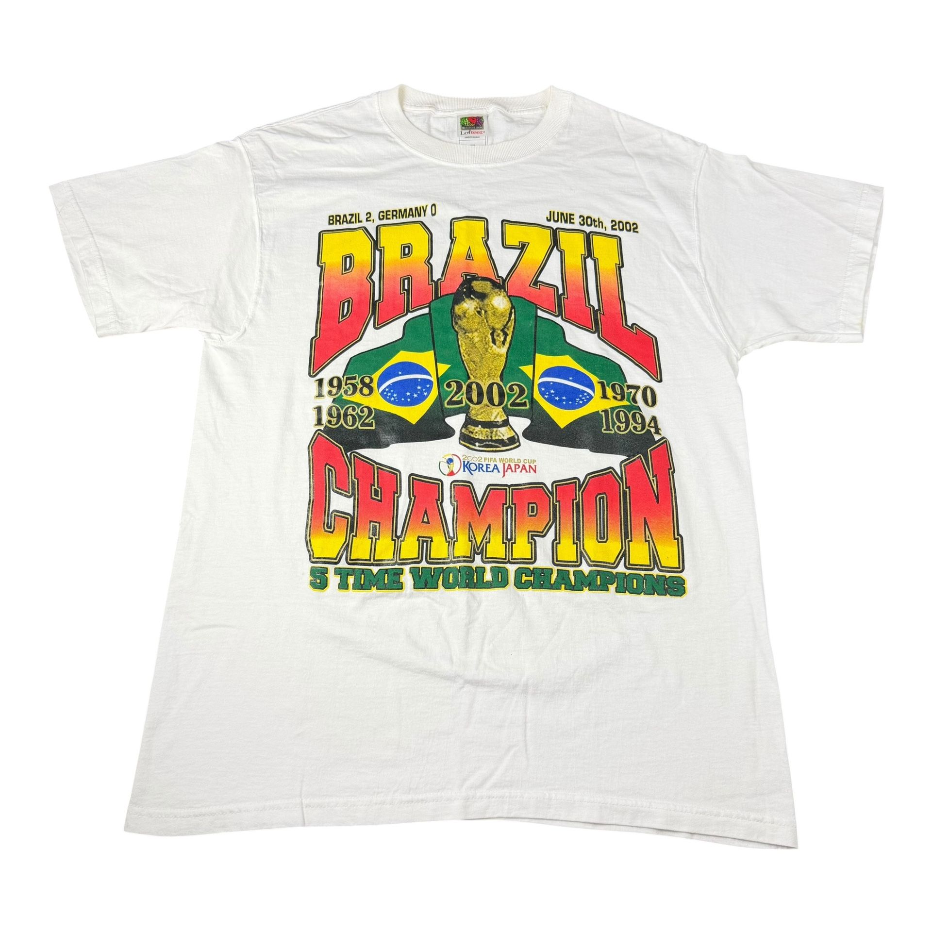 Vintage 2002 Brazil FIFA World Cup Champion Soccer Futbol Graphic White T-Shirt Adult Size Large L VTG