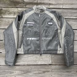 grey leather jacket with zipper and button closure