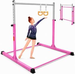 Gymnastics Bar for Kids Ages 3-18, 11-Height Adjustable Horizontal Bar Heavy Duty Steel Frame with 300 LBS Capacity,Includes Gymnastics Rings, 3.5-5.3