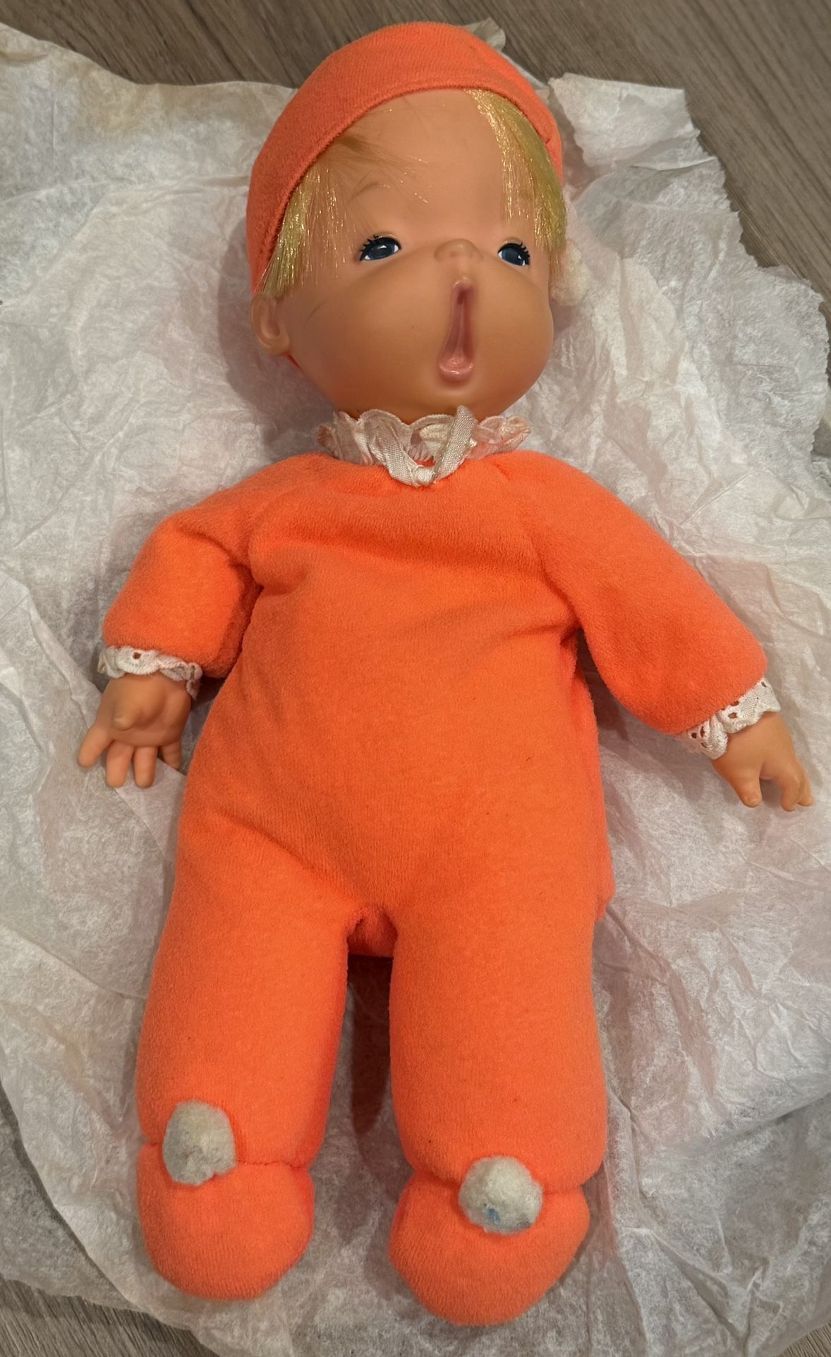 Bedside Baby Beans Doll12” Yawning Sleepy Orange Baby Vintage 1960 Mattel