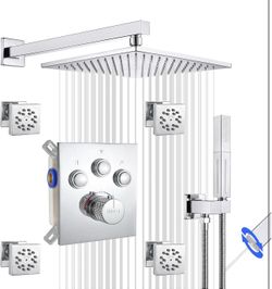 10 inch Thermostatic Shower System with 4PCS Body Jets Chrome Push Button Diverter Shower Faucet