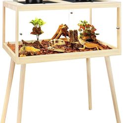 Prolee Bearded Dragon Tank with Leg Stand,Wooden Lizard Tank,Reptile Tank with Metal Mesh Roof Door, Acrylic Panel Snake Tank with Lock Design (Oak, 4