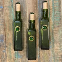 Beautiful Gift Set of 3 Decorative Antique Style Green Glass Corked Bottles
