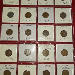 20 Years Of Wheat Pennies One From Each Year 1939 Through 1958 Including 1943 Steel Wartime Penny. Two Decades Of Wheat Pennies.