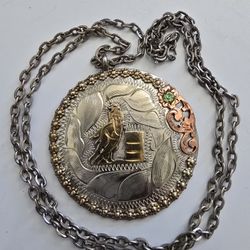 Engraved Western Two-Tone Round Charm Pendant Necklace w/ Green Round Stone