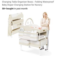 Portable Baby Changing Table with Wheels - Modern Dresser Changing Tables w/Hanging Toys, Laundry Bag, Changing Table Organizer Boxes - Folding Waterp