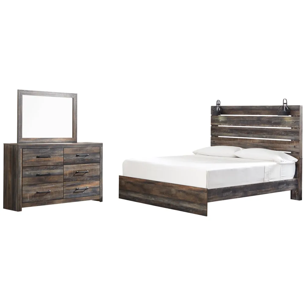 Drystan King Panel Bed with Mirrored Dresser Vast Clearance Event