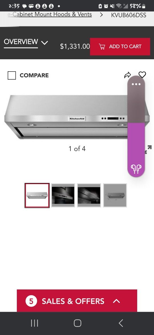 Kitchen Aid 36" Stainless Steal Under The Cabinet 4 Speed Ventilation 