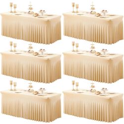 6 Packs Dark Champagne Table Clothes for 6 Foot Rectangle Tables, One-Piece Wrinkle Resistant Stretch Spandex Table Covers with Skirt for Event Banque