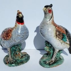 A Pair of Vintage Faience Game Bird Statues 8inches Made In Italy Italy 