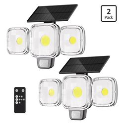 Brandnew 2pk 3 Modes 270° Solar Motion Sensor Outdoor Lights, 2 Pack IP65 Waterproof LED Security Flood Light, with Remote Control, Solar Powered Outs