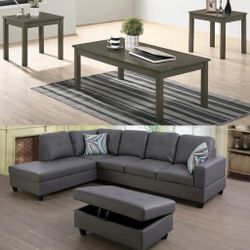 Brand New Gray Sectional Ottoman , Coffee Table And 2 Side Tables 