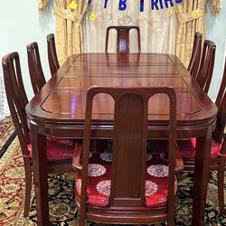 I AM SELLING THE REAL WOOD DINING 100% TABLE WITH 8 chairs . Very strong chairs and table  Table long 84 inches with 2 leaves  Each leaf 18 inches   W
