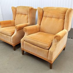 1970s Orange Corduroy Oversized Wing Club Chairs 