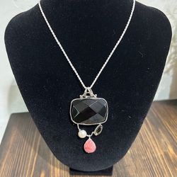 New, Sterling Silver Pendant with a large Black Obsidian, a Smoky Quartz, a Rhodochrosite and a Fresh Water Pearl on an 18-in SS Chain