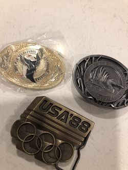 Three belt buckles, olympics 1988, pewter Alaska