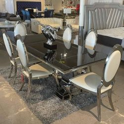 Antoine Creamy White/Chrome 7-piece Rectangular Dining Room Set/ Table And Chairs,  Comedor 