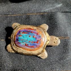 Vintage Mixed Metals Handmade Glazed Turtle Brooch Hand Painted 2"
