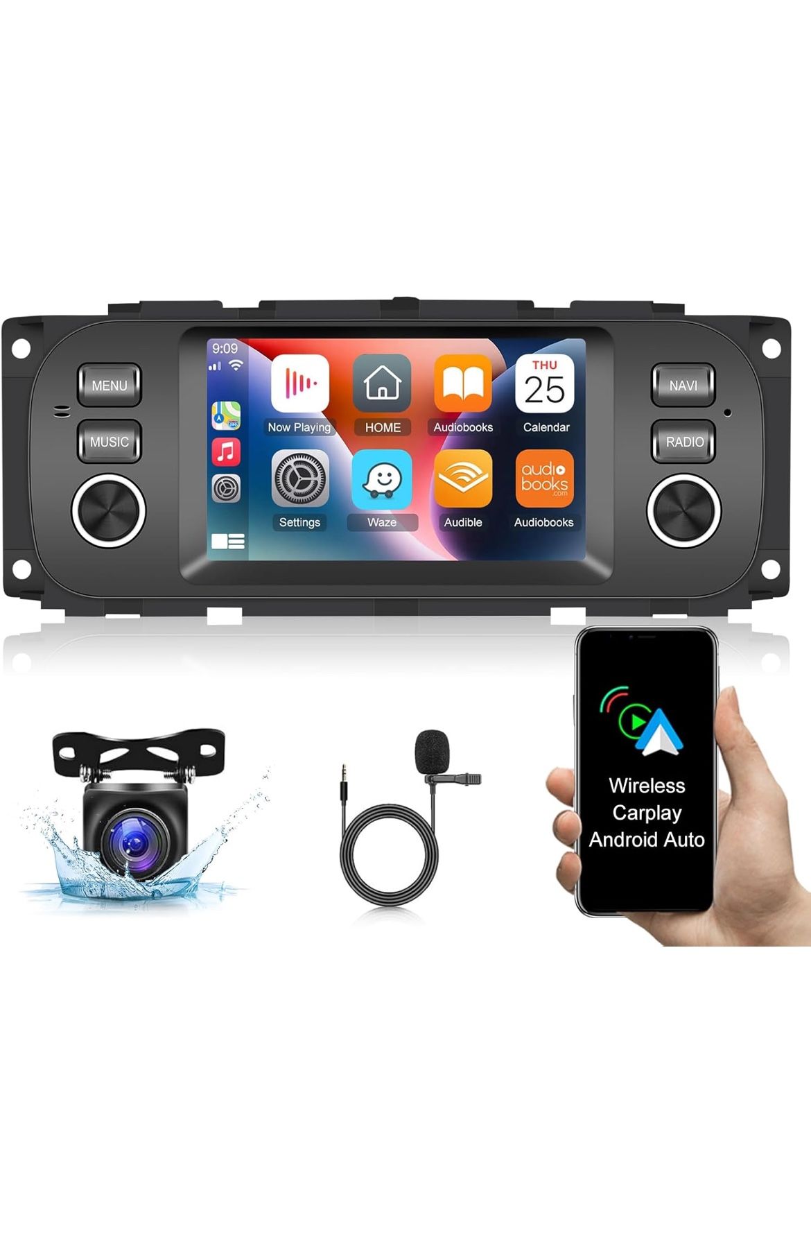 Android Car Radio for Dodge/Jeep/Chrysler with Wireless Apple Carplay and Android Auto, 5 Inch Capacitive Touchscreen Stereo 1080P GPS WiFi Hi-Fi + AH