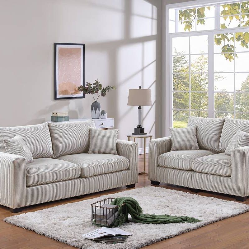 ✅️2 pc ivory corduroy fabric sofa and love seat set with rounded square arms