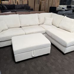 Cream Sectional W/ Matching Storage Ottoman 