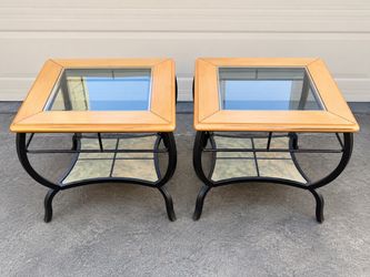 Set of 2 Glass Top End Tables – Wood & Metal Side Tables